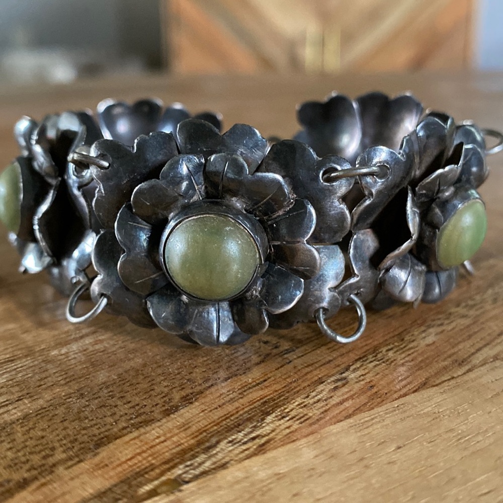 Vintage Silver Mexican Jade Flower Bracelet